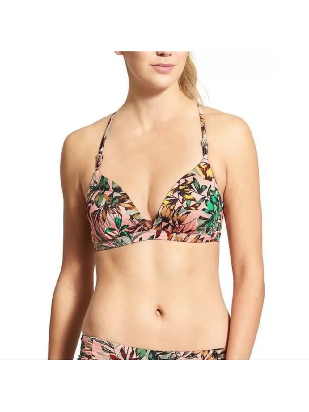 Athleta Pink Coral Floral Triangle Bikini Top with Tropical Leaf Print Sz.XL